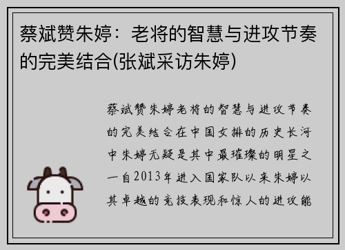 蔡斌赞朱婷：老将的智慧与进攻节奏的完美结合(张斌采访朱婷)