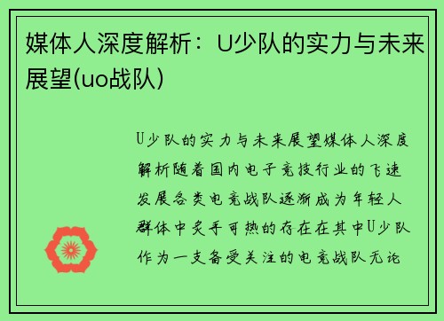 媒体人深度解析：U少队的实力与未来展望(uo战队)