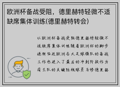 欧洲杯备战受阻，德里赫特轻微不适缺席集体训练(德里赫特转会)